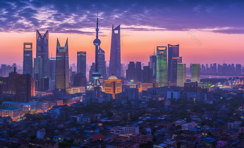 紫色橙色晚霞夕阳天空繁华城市高楼老楼对比实拍,高清,摄影图,摄影图片,图片大全,摄影图免费下载